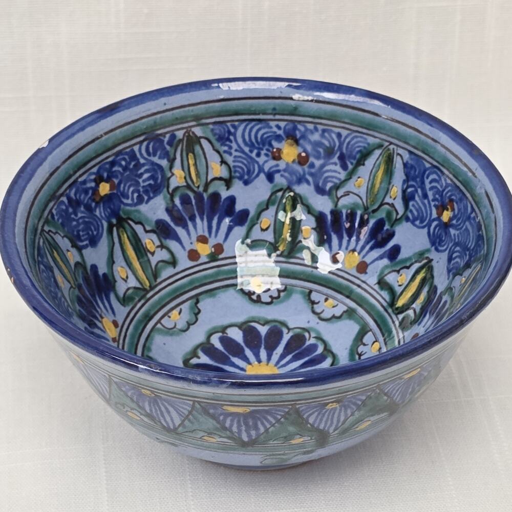 Hand Painted Blue Green Floral Art Pottery Bowl Signed 5.5" Decorative Dish